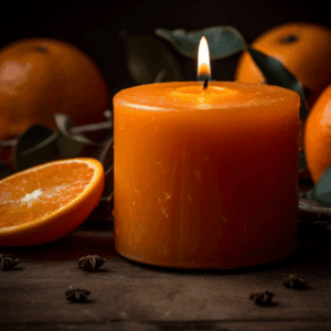 Hand-poured Citrus Burst Candle in a glass jar with fresh orange and lemon slices nearby.